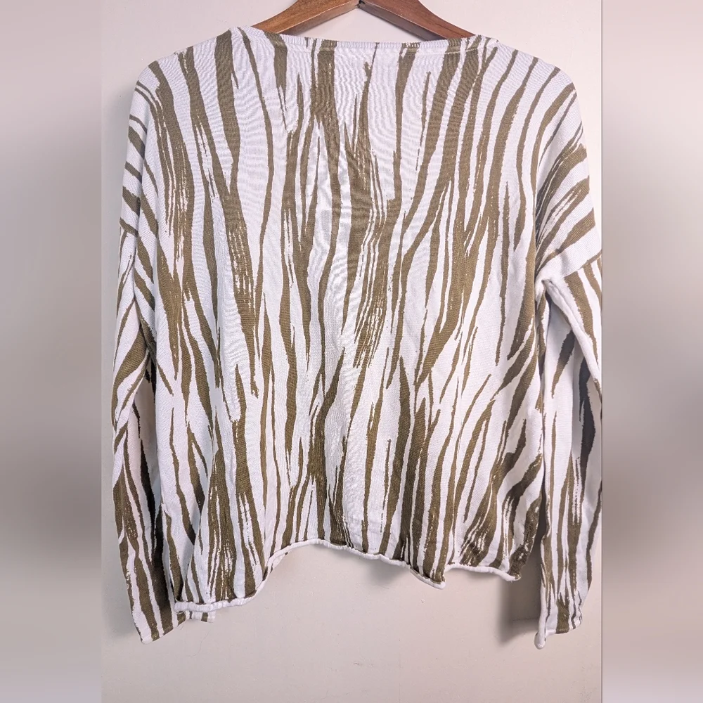 Garnett Hill Feathered Waves Brown & White Silk Cotton Knit Pullover Sweater - Picture 7 of 8